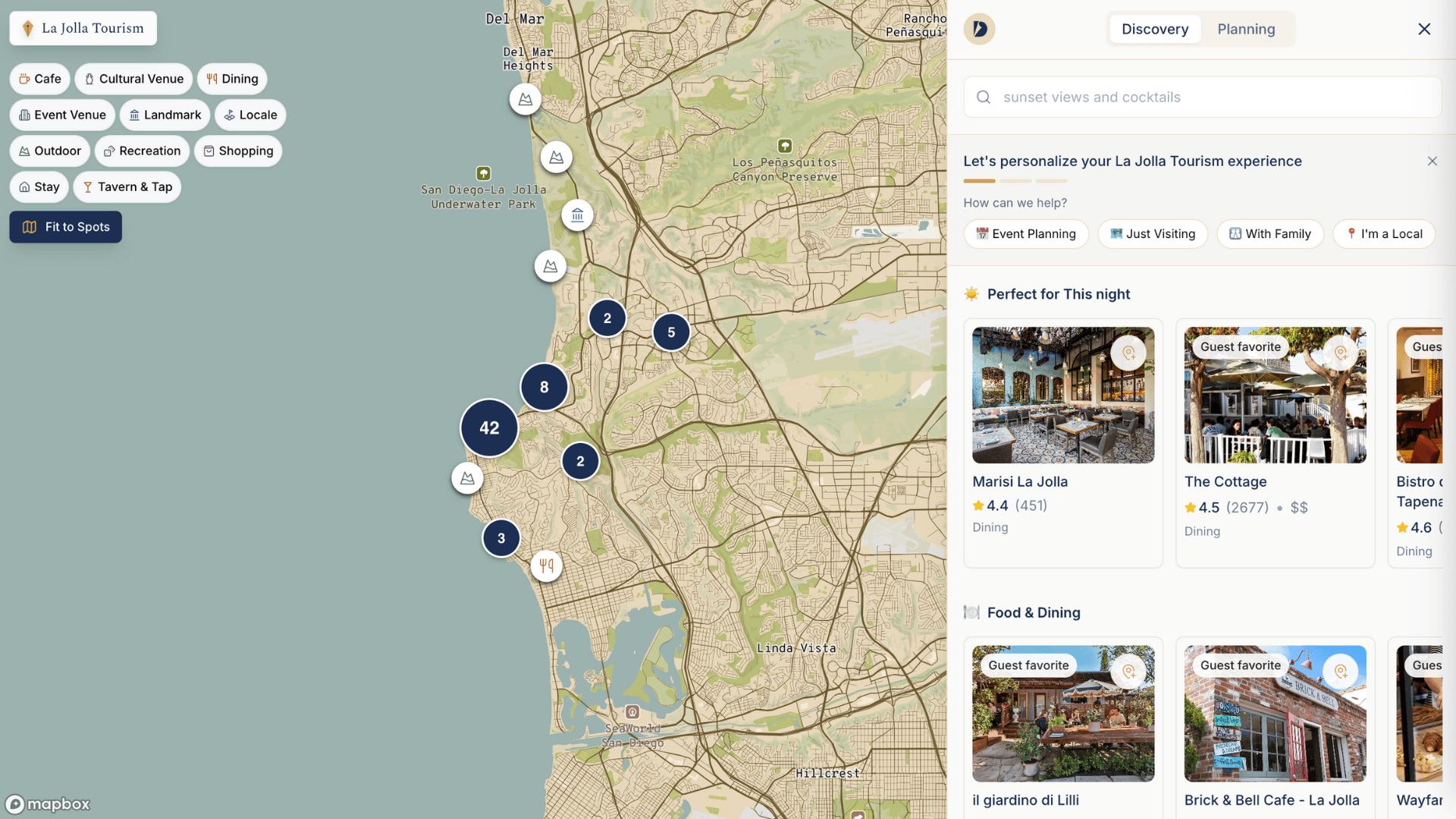Drifter planner showing La Jolla Tourism interactive map with personalized recommendations
