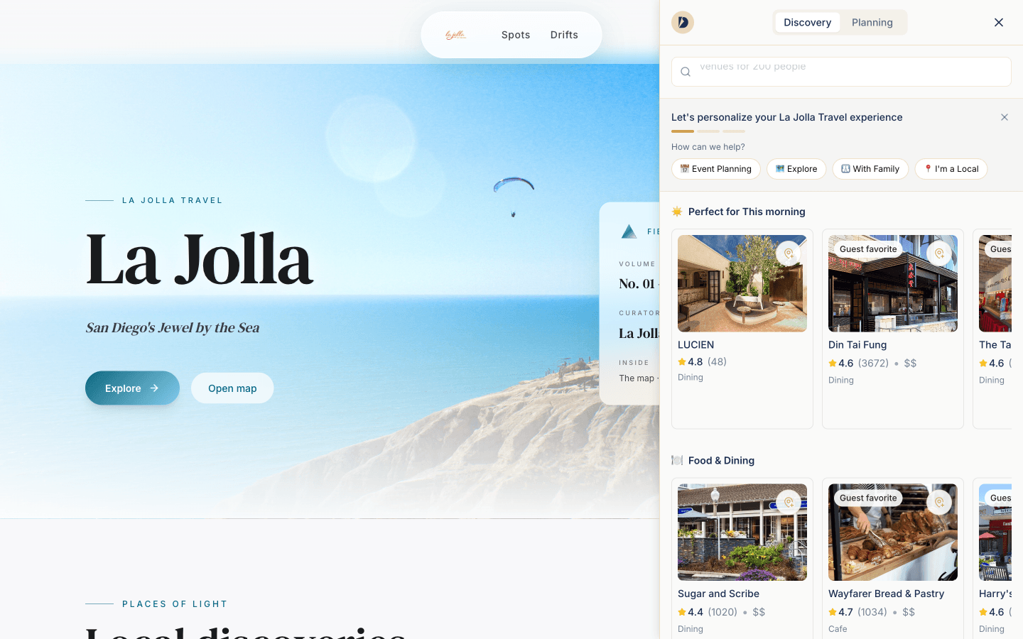 Drifter trip planner open on the live lajolla.travel website