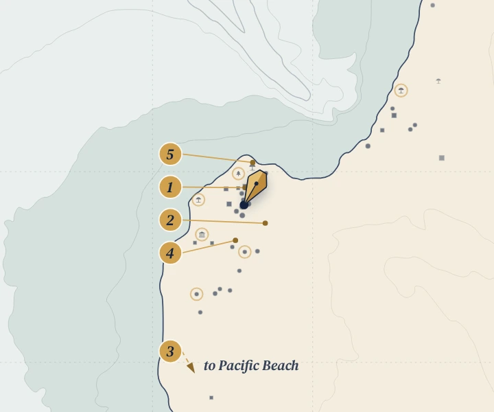Chart of La Jolla with the places AI named marked in ink, and five gold Action numerals pointing to the spots they work on.